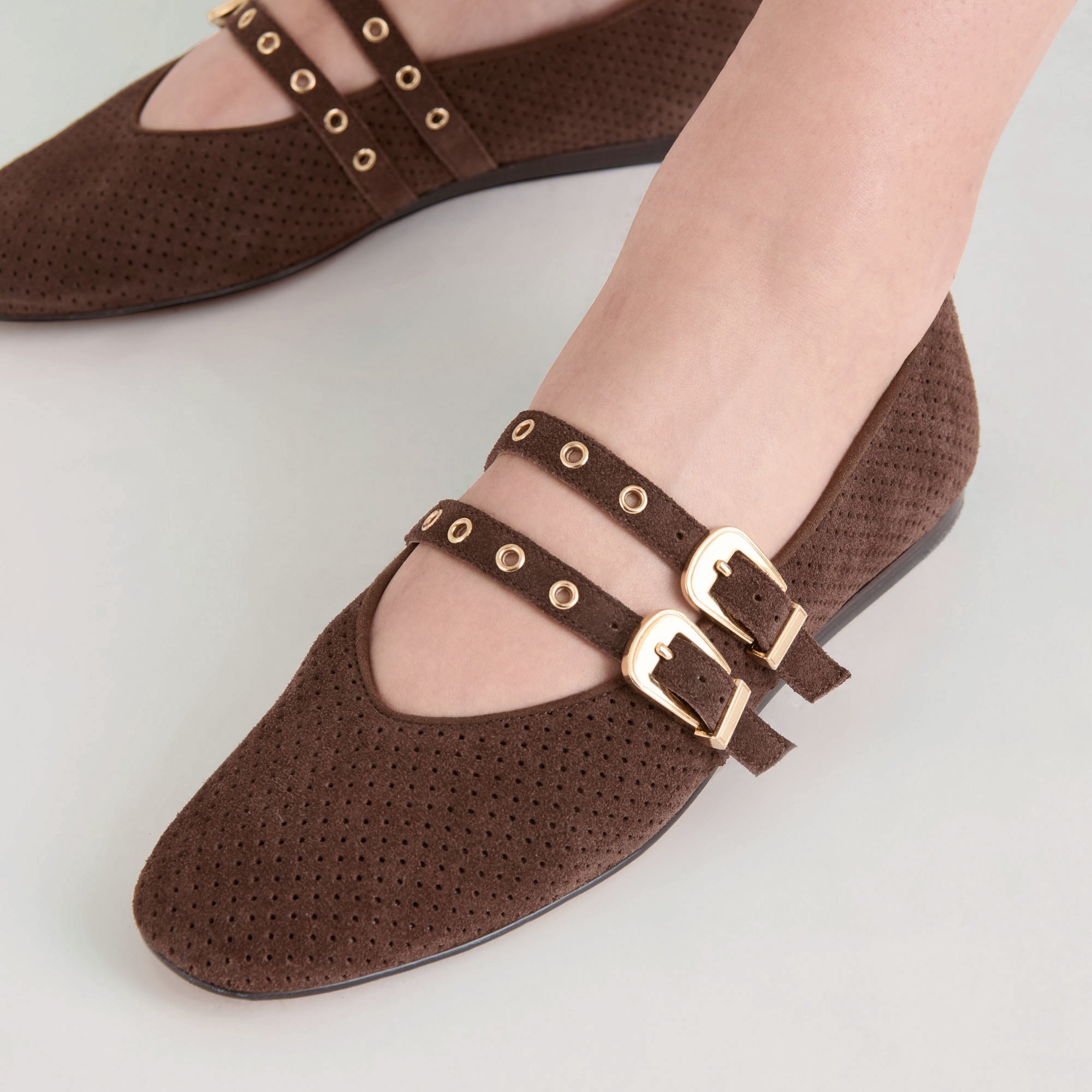 BAYLEE GROMMET BALLET FLATS DK BROWN PERFORATED SUEDE