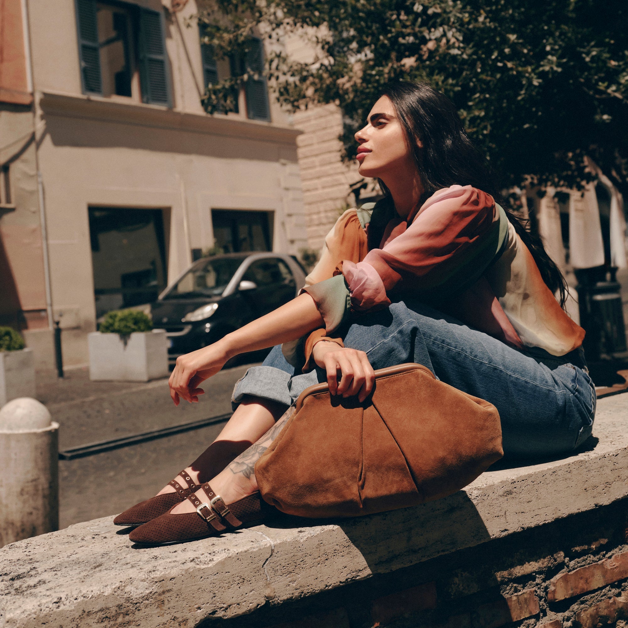 BAYLEE GROMMET BALLET FLATS DK BROWN PERFORATED SUEDE